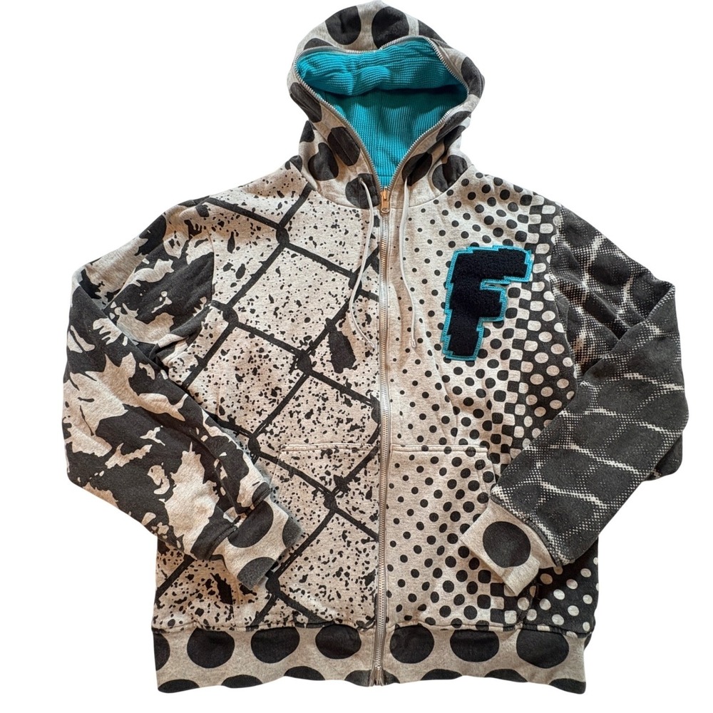 Freshjive Zip Up Hoodie Mens Large Gray Graphic Thermal Lined Fleece Sweatshirt